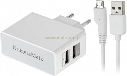 Ładowarka dual USB 1A+2,4A Kruger&Matz kabel +microUSB